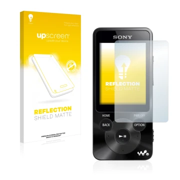 Parte frontal de un envase de producto con el logotipo de la marca upscreen. Al lado se muestra el dispositivo Sony Walkman NW