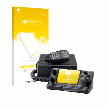 Parte frontal de un envase de producto con el logotipo de la marca upscreen. Al lado se muestra el dispositivo Icom IC-7100 co