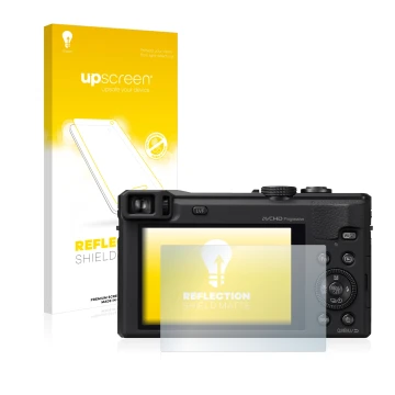 Parte frontal de un envase de producto con el logotipo de la marca upscreen. Al lado se muestra el dispositivo Panasonic Lumix