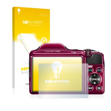 Parte frontal de un envase de producto con el logotipo de la marca upscreen. Al lado se muestra el dispositivo Nikon Coolpix L