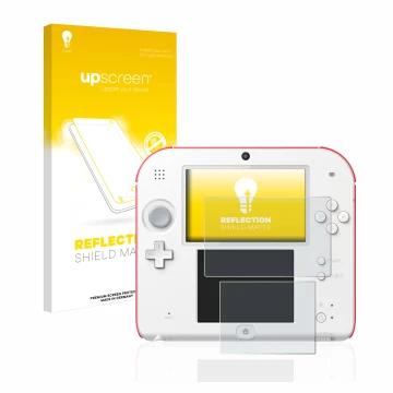 Parte frontal de un envase de producto con el logotipo de la marca upscreen. Al lado se muestra el dispositivo Nintendo 2DS co