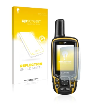 Parte frontal de un envase de producto con el logotipo de la marca upscreen. Al lado se muestra el dispositivo Garmin GPSMAP 6