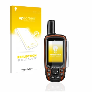 Parte frontal de un envase de producto con el logotipo de la marca upscreen. Al lado se muestra el dispositivo Garmin GPSMAP 6