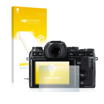 Parte frontal de un envase de producto con el logotipo de la marca upscreen. Al lado se muestra el dispositivo Fujifilm X-T1 c