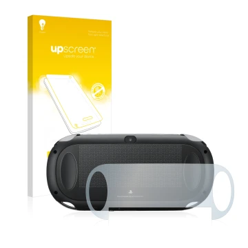 Parte frontal de un envase de producto con el logotipo de la marca upscreen. Al lado se muestra el dispositivo Sony Playstatio