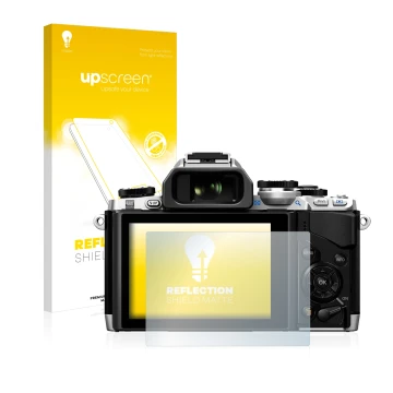 Parte frontal de un envase de producto con el logotipo de la marca upscreen. Al lado se muestra el dispositivo Olympus OM-D E-