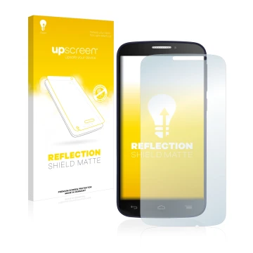 Parte frontal de un envase de producto con el logotipo de la marca upscreen. Al lado se muestra el dispositivo Alcatel One Tou