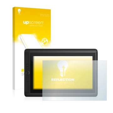 Parte frontal de un envase de producto con el logotipo de la marca upscreen. Al lado se muestra el dispositivo Wacom Cintiq 13