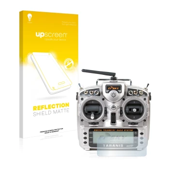 Parte frontal de un envase de producto con el logotipo de la marca upscreen. Al lado se muestra el dispositivo FrSky Taranis X