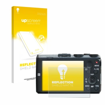 Parte frontal de un envase de producto con el logotipo de la marca upscreen. Al lado se muestra el dispositivo Sony Cyber-Shot