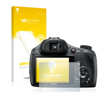 Parte frontal de un envase de producto con el logotipo de la marca upscreen. Al lado se muestra el dispositivo Sony Cyber-Shot