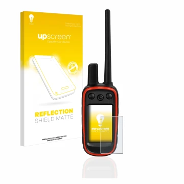 Parte frontal de un envase de producto con el logotipo de la marca upscreen. Al lado se muestra el dispositivo Garmin Alpha 10