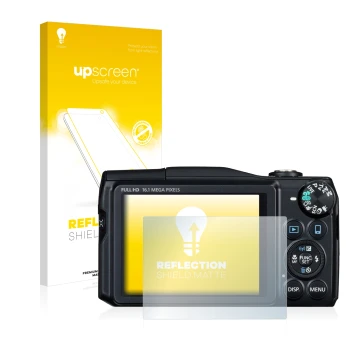 Parte frontal de un envase de producto con el logotipo de la marca upscreen. Al lado se muestra el dispositivo Canon PowerShot
