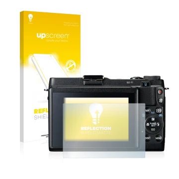Parte frontal de un envase de producto con el logotipo de la marca upscreen. Al lado se muestra el dispositivo Canon PowerShot