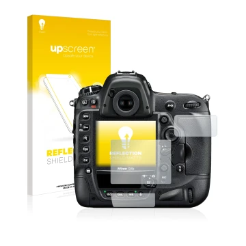 Parte frontal de un envase de producto con el logotipo de la marca upscreen. Al lado se muestra el dispositivo Nikon D4S con s