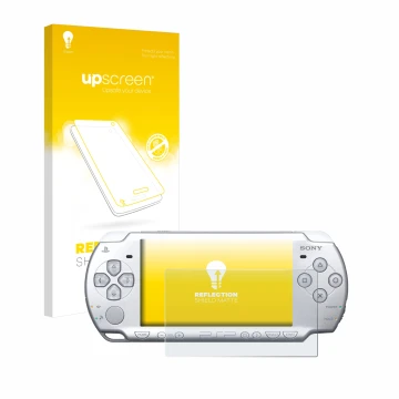 Parte frontal de un envase de producto con el logotipo de la marca upscreen. Al lado se muestra el dispositivo Sony PSP 2004 c