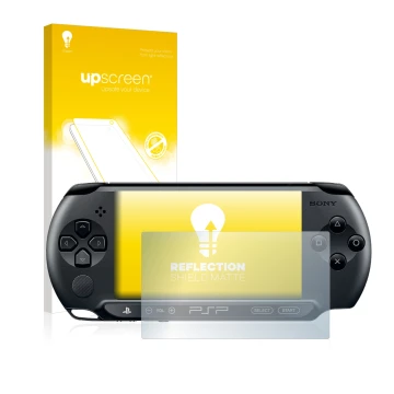Parte frontal de un envase de producto con el logotipo de la marca upscreen. Al lado se muestra el dispositivo Sony PSP 2000 c