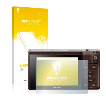 Parte frontal de un envase de producto con el logotipo de la marca upscreen. Al lado se muestra el dispositivo Samsung NX Mini