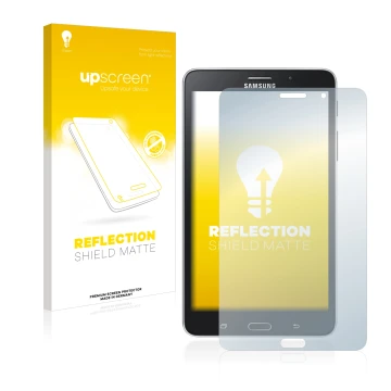 Parte frontal de un envase de producto con el logotipo de la marca upscreen. Al lado se muestra el dispositivo Samsung Galaxy 