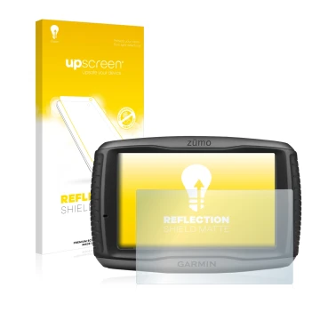 Parte frontal de un envase de producto con el logotipo de la marca upscreen. Al lado se muestra el dispositivo Garmin zumo 590
