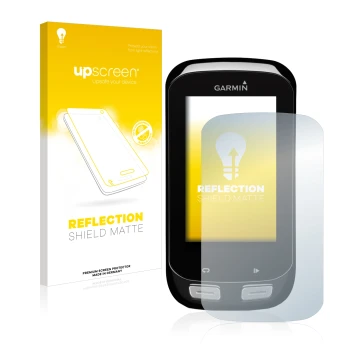 Parte frontal de un envase de producto con el logotipo de la marca upscreen. Al lado se muestra el dispositivo Garmin Edge 100