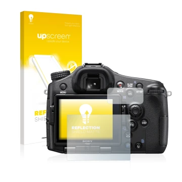 Parte frontal de un envase de producto con el logotipo de la marca upscreen. Al lado se muestra el dispositivo Sony Alpha 77 I