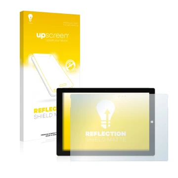 Parte frontal de un envase de producto con el logotipo de la marca upscreen. Al lado se muestra el dispositivo Microsoft Surfa