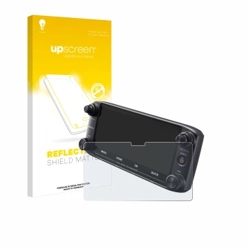 Parte frontal de un envase de producto con el logotipo de la marca upscreen. Al lado se muestra el dispositivo Icom ID-5100 co