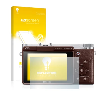 Parte frontal de un envase de producto con el logotipo de la marca upscreen. Al lado se muestra el dispositivo Samsung NX3000 