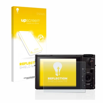 Parte frontal de un envase de producto con el logotipo de la marca upscreen. Al lado se muestra el dispositivo Sony Cyber-Shot