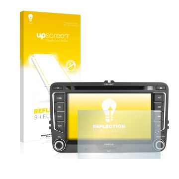 Parte frontal de un envase de producto con el logotipo de la marca upscreen. Al lado se muestra el dispositivo Zenec Z-E2015 c