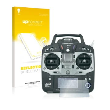 Parte frontal de un envase de producto con el logotipo de la marca upscreen. Al lado se muestra el dispositivo Robbe Futaba T1