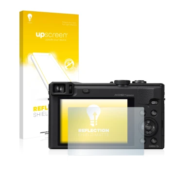Parte frontal de un envase de producto con el logotipo de la marca upscreen. Al lado se muestra el dispositivo Panasonic Lumix