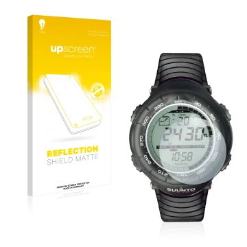 Parte frontal de un envase de producto con el logotipo de la marca upscreen. Al lado se muestra el dispositivo Suunto Vector B