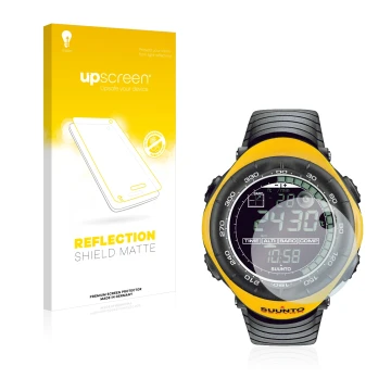 Parte frontal de un envase de producto con el logotipo de la marca upscreen. Al lado se muestra el dispositivo Suunto Vector Y