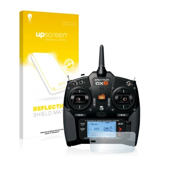 Parte frontal de un envase de producto con el logotipo de la marca upscreen. Al lado se muestra el dispositivo Spektrum DX6 co