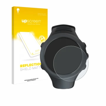 Parte frontal de un envase de producto con el logotipo de la marca upscreen. Al lado se muestra el dispositivo Suunto Ambit3 S