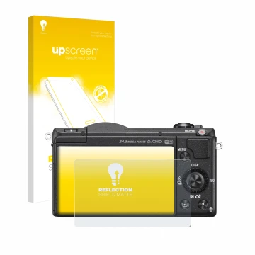 Parte frontal de un envase de producto con el logotipo de la marca upscreen. Al lado se muestra el dispositivo Sony Alpha 5100