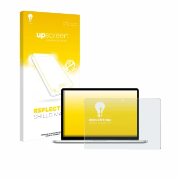 Parte frontal de un envase de producto con el logotipo de la marca upscreen. Al lado se muestra el dispositivo Apple MacBook P