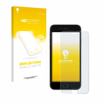 Parte frontal de un envase de producto con el logotipo de la marca upscreen. Al lado se muestra el dispositivo Apple iPhone 6 