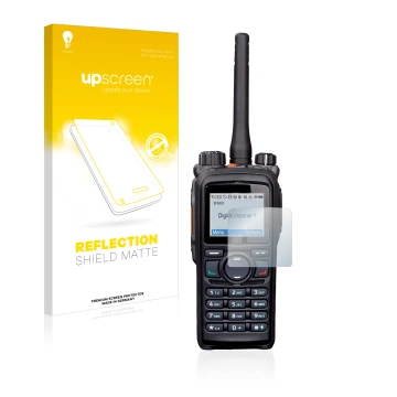 Parte frontal de un envase de producto con el logotipo de la marca upscreen. Al lado se muestra el dispositivo Hytera PD785 co