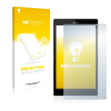 Parte frontal de un envase de producto con el logotipo de la marca upscreen. Al lado se muestra el dispositivo Sony Xperia Z3 