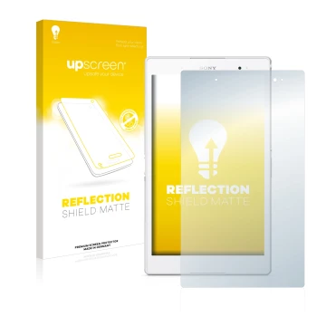 Parte frontal de un envase de producto con el logotipo de la marca upscreen. Al lado se muestra el dispositivo Sony Xperia Z3 