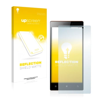 Parte frontal de un envase de producto con el logotipo de la marca upscreen. Al lado se muestra el dispositivo Lenovo Vibe X2 