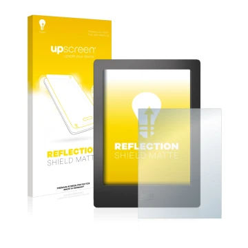 Parte frontal de un envase de producto con el logotipo de la marca upscreen. Al lado se muestra el dispositivo Kobo Aura H2O c