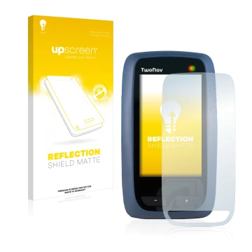 Parte frontal de un envase de producto con el logotipo de la marca upscreen. Al lado se muestra el dispositivo CompeGPS TwoNav