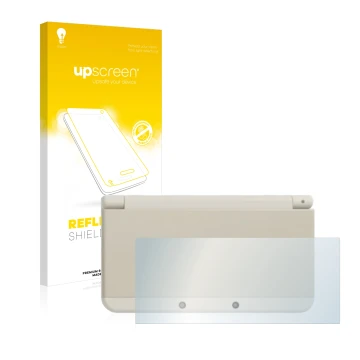 Parte frontal de un envase de producto con el logotipo de la marca upscreen. Al lado se muestra el dispositivo Nintendo New 3D