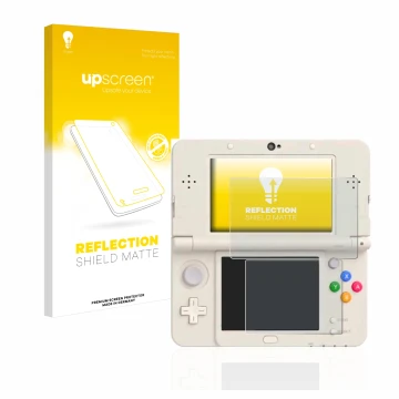 Parte frontal de un envase de producto con el logotipo de la marca upscreen. Al lado se muestra el dispositivo Nintendo New 3D