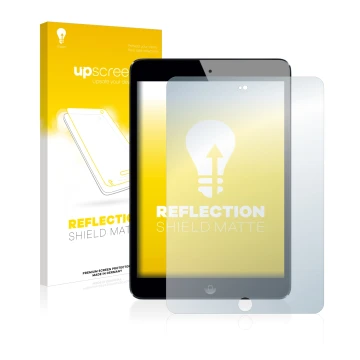 Parte frontal de un envase de producto con el logotipo de la marca upscreen. Al lado se muestra el dispositivo Apple iPad Mini