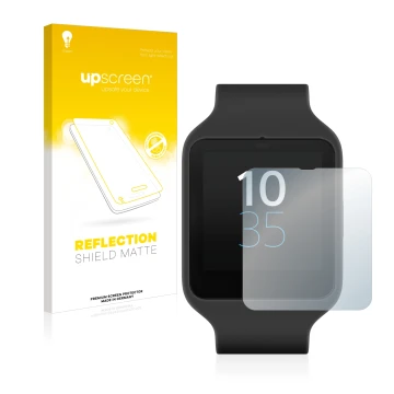 Parte frontal de un envase de producto con el logotipo de la marca upscreen. Al lado se muestra el dispositivo Sony Smartwatch